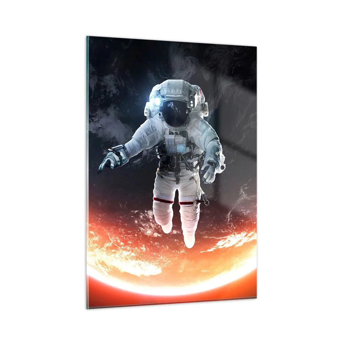 Quadro su vetro - Astronauta nello spazio con un pianeta sullo sfondo - 50x70cm - Posso restare ancora un po'? - Decorazione murale moderna per soggiorno e camera da letto ARTTOR