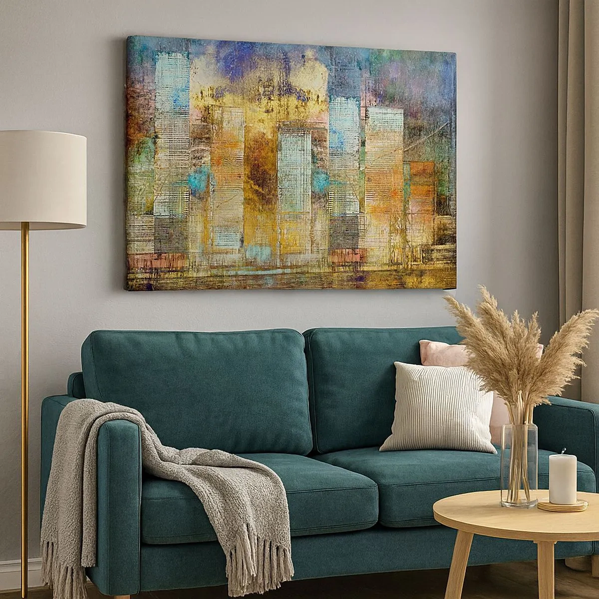 Quadro su tela - Stampe su Tela - Grattacieli astratti in stile industriale - 70x50cm - Metropoli nel sole - Decorazione murale moderna per soggiorno e camera da letto ARTTOR