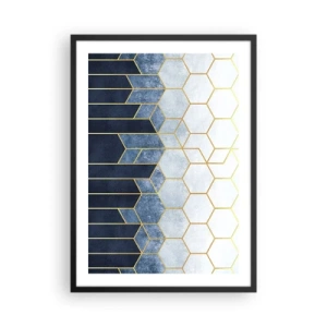 Poster in cornice nera - Composizione geometrica nei toni del blu navy e dell'oro con esagoni - 50x70cm - Composizione a ritmo sincopato - Decorazione murale moderna per soggiorno e camera da letto ARTTOR