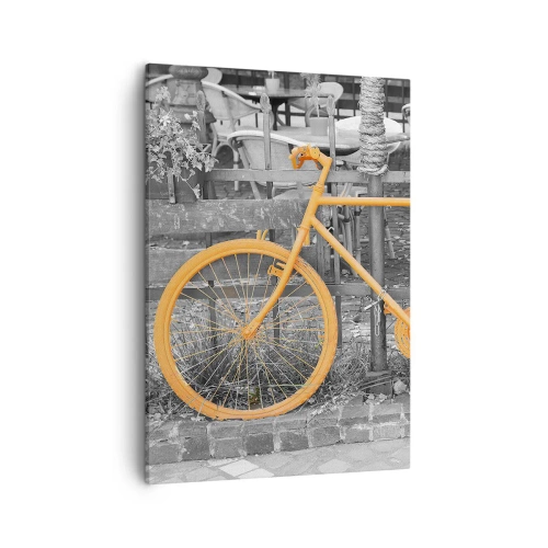 Quadro su tela - Stampe su Tela - Fotografia artistica di una bicicletta gialla su uno sfondo bianco e nero - 50x70cm - Vai, ti aspetto qui - Decorazione murale moderna per soggiorno e camera da letto ARTTOR