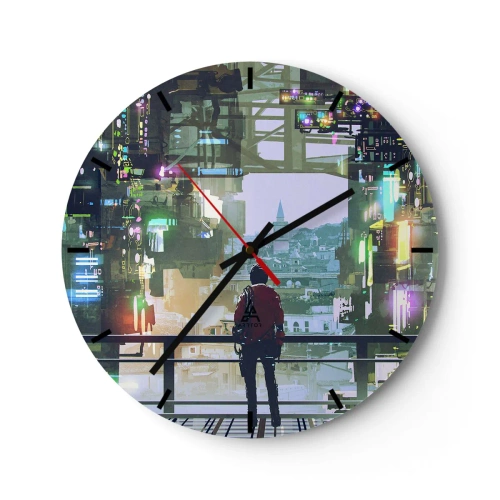 Orologio da parete - Orologio in Vetro - Una figura in una città futuristica con luci al neon e uno skyline sullo sfondo - 30x30cm - Due mondi - Decorazione murale moderna per soggiorno, cucina e camera da letto ARTTOR