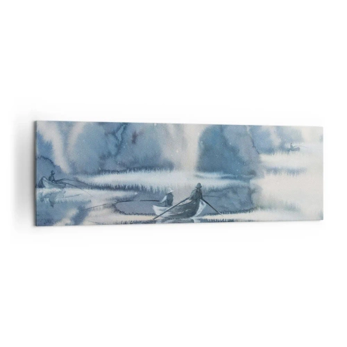 Quadro su tela - Stampe su Tela - Paesaggio ad acquerello con barche su un lago circondato da una foresta nebbiosa - 160x50cm - I pescatori nel loro paradiso - Decorazione murale moderna per soggiorno e camera da letto ARTTOR