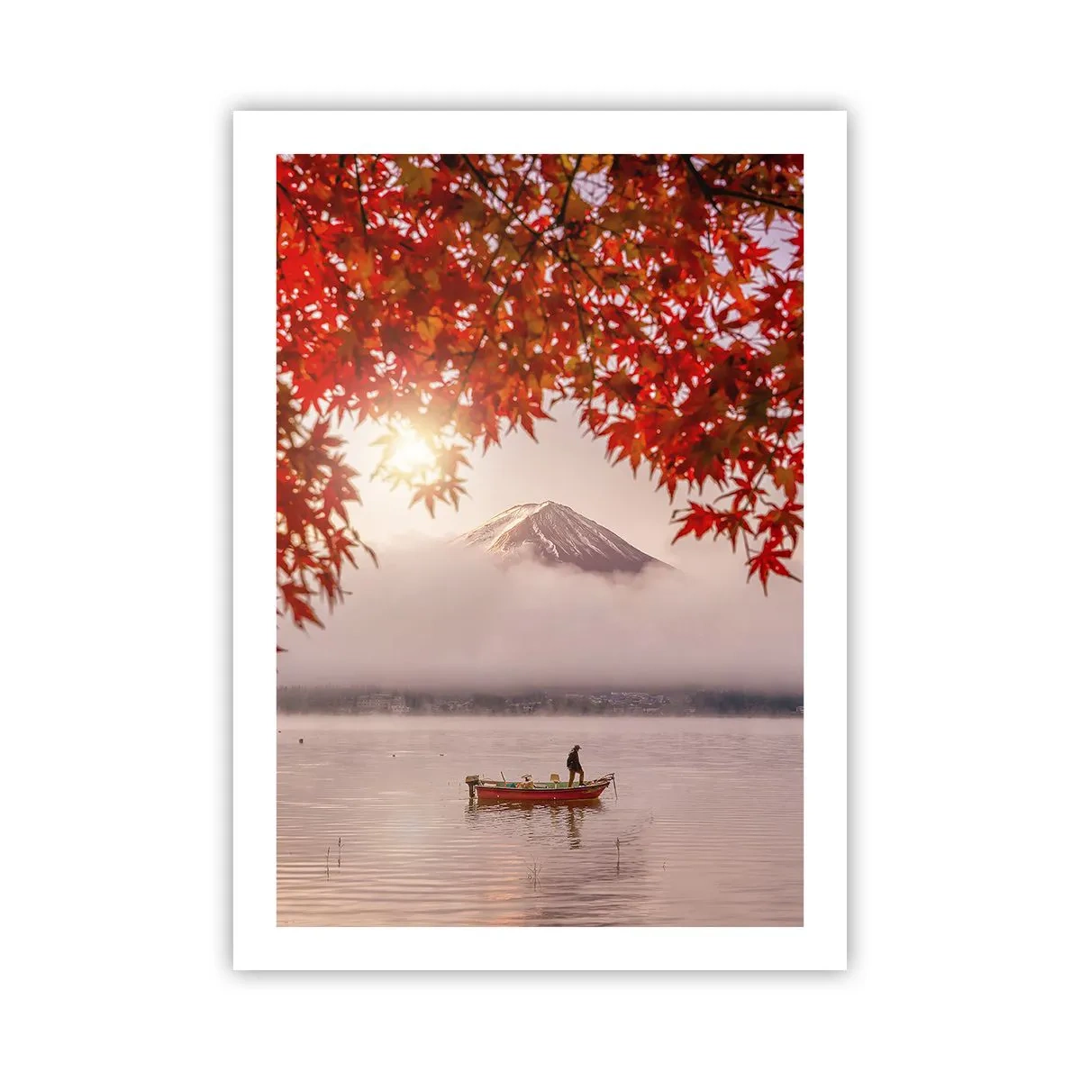 Poster - Monte Fuji con una barca su un lago e foglie autunnali - 50x70cm - Nell'atmosfera del Giappone - Decorazione murale moderna per soggiorno e camera da letto ARTTOR