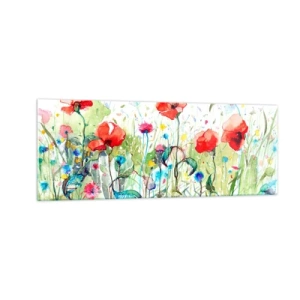 Quadro su vetro - Un prato con papaveri rossi e fiori colorati in acquerello - 140x50cm - Il prato fiorito a maggio - Decorazione murale moderna per soggiorno e camera da letto ARTTOR