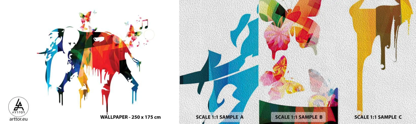 Campione di Fotomurale Premium Sand - Ognuno può ballare - Astrazione, Elefante, Farfalla - 100x30 cm