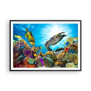 Poster in cornice nera - Mondo sottomarino con pesci colorati e una tartaruga nel corallo - 100x70cm - Passeggiata corallina - Decorazione murale moderna per soggiorno e camera da letto ARTTOR