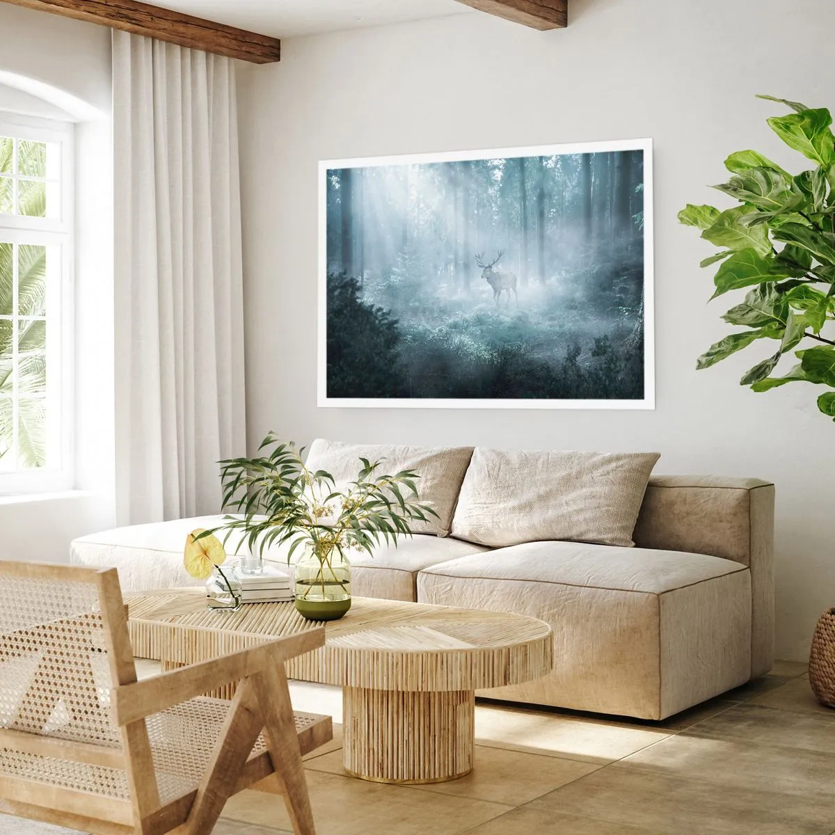 Poster - Un cervo in una fitta foresta avvolto nella nebbia mattutina - 100x70cm - Passeggiata mattutina sulle sue terre - Decorazione murale moderna per soggiorno e camera da letto ARTTOR