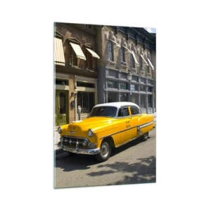 Quadro su vetro - Un taxi giallo su una strada fiancheggiata da case popolari - 80x120cm - Tanto tempo fa in America - Decorazione murale moderna per soggiorno e camera da letto ARTTOR