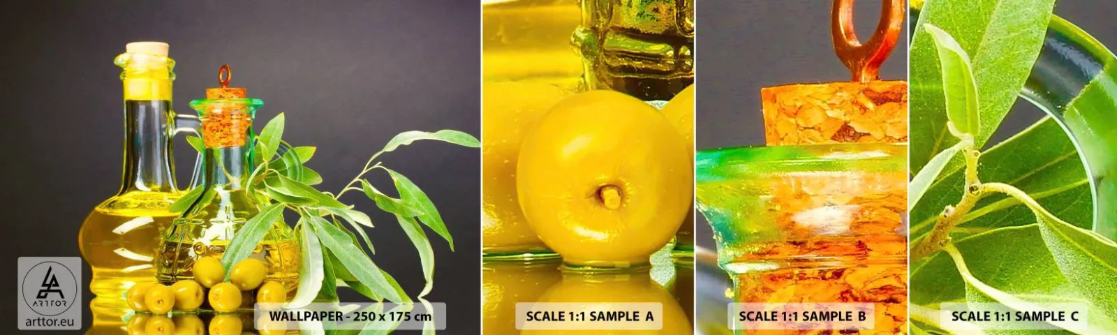 Campione Di Fotomurale Standard Eco - Natura morta con olive e olio - Gastronomia, Olive, Olio - 100x30 cm