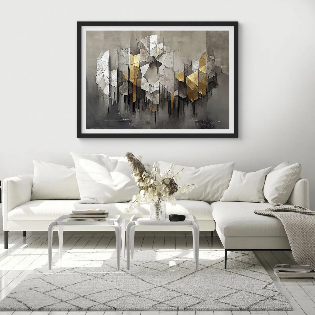 Poster in cornice nera - Astrazione geometrica nei toni dell'oro e del grigio - 100x70cm - Composizione di ghiaccio e luce - Decorazione murale moderna per soggiorno e camera da letto ARTTOR