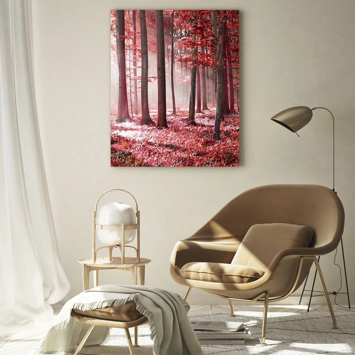Quadro su vetro - Una splendida foresta dalle tonalità rosse con raggi di luce che penetrano attraverso gli alberi - 80x120cm - Anche rosso è bello - Decorazione murale moderna per soggiorno e camera da letto ARTTOR
