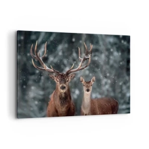 Quadro su tela - Stampe su Tela - Cervi in una foresta invernale innevata - 100x70cm - Il re della foresta con la consorte - Decorazione murale moderna per soggiorno e camera da letto ARTTOR