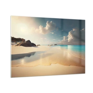 Quadro su vetro - Spiaggia dorata e mare turchese alla luce del sole mattutino - 100x70cm - Giornata ideale - Decorazione murale moderna per soggiorno e camera da letto ARTTOR