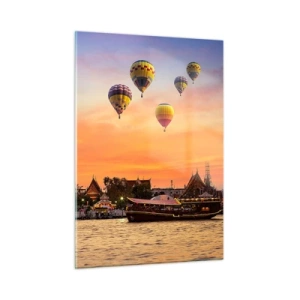 Quadro su vetro - Tempio sul fiume al tramonto con palloncini - 50x70cm - Qui nascono le favole - Decorazione murale moderna per soggiorno e camera da letto ARTTOR