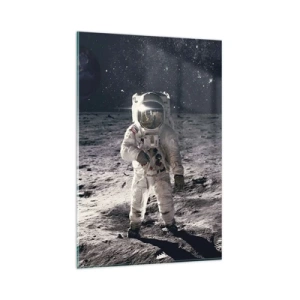 Quadro su vetro - Astronauta sulla superficie della Luna con la Terra sullo sfondo - 80x120cm - Saluti dalla luna - Decorazione murale moderna per soggiorno e camera da letto ARTTOR