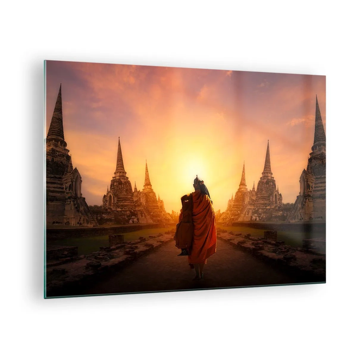 Quadro su vetro - Un monaco sullo sfondo del tramonto e dei templi in Asia - 70x50cm - In pace per l'eternità - Decorazione murale moderna per soggiorno e camera da letto ARTTOR