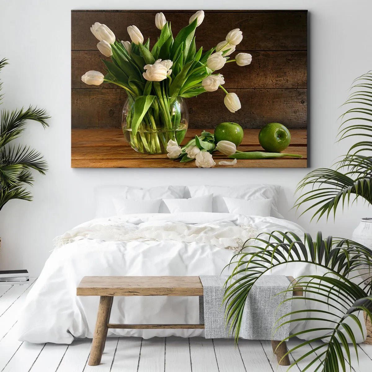 Quadro su tela - Stampe su Tela - Un bouquet di tulipani bianchi in un vaso di vetro con mele verdi - 120x80cm - Freschezza in verde e bianco - Decorazione murale moderna per soggiorno e camera da letto ARTTOR