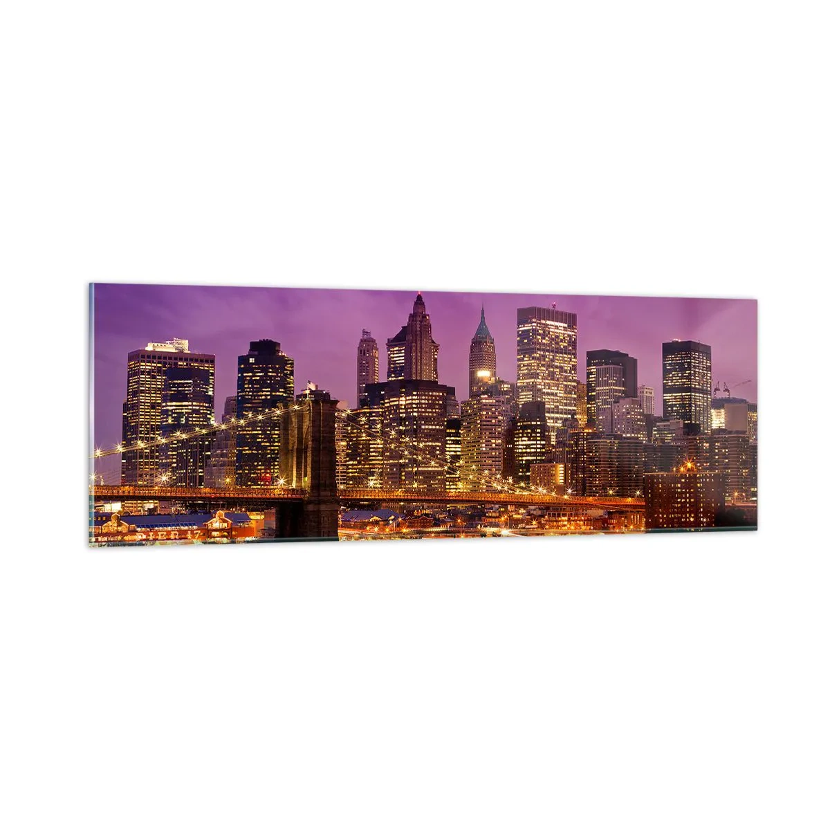 Quadro su vetro - Manhattan in viola e oro - 90x30 cm
