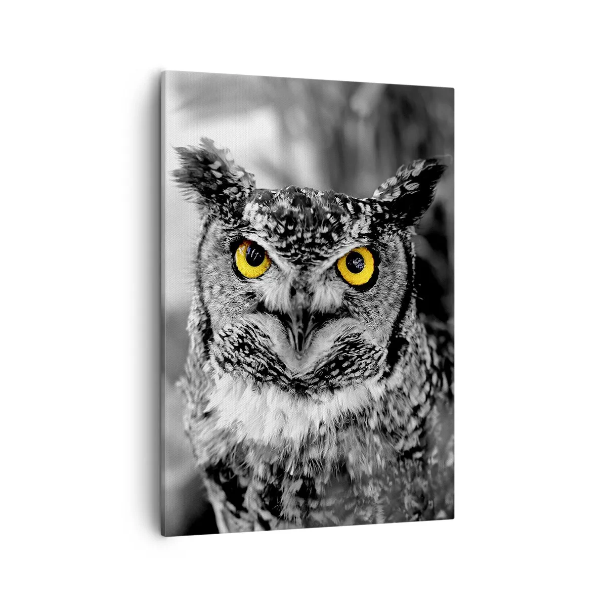 Quadro su tela - Stampe su Tela - Uno scatto in bianco e nero di un gufo con gli occhi gialli - 50x70cm - Non si può nascondere niente - Decorazione murale moderna per soggiorno e camera da letto ARTTOR