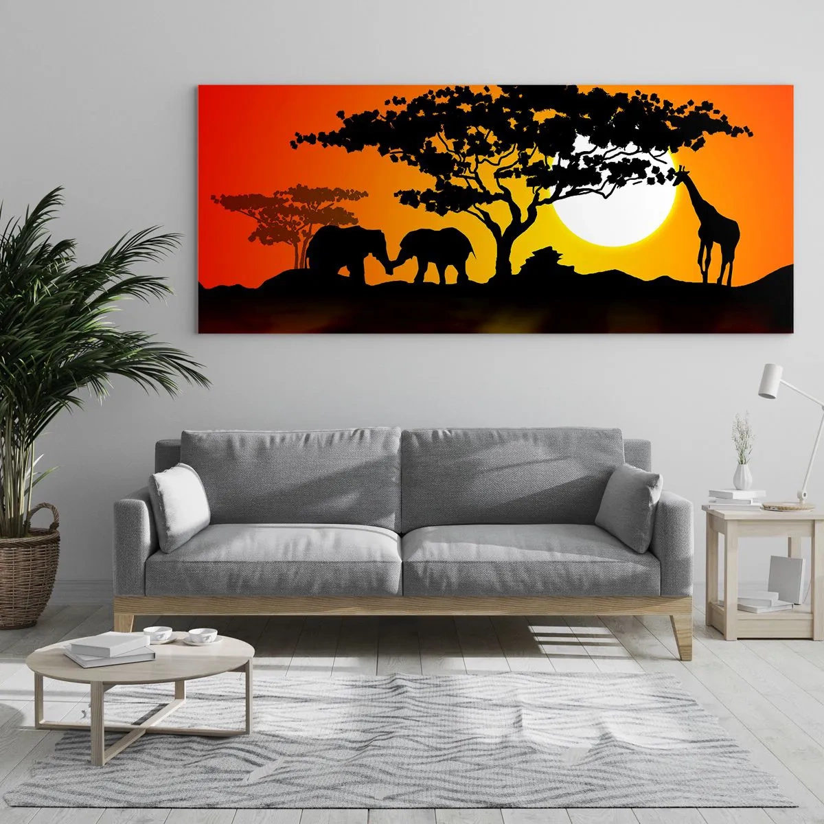 Quadro su vetro - Tramonto africano con sagome di elefanti e giraffe sull'acqua - 160x50cm - Incontro nella savana - Decorazione murale moderna per soggiorno e camera da letto ARTTOR