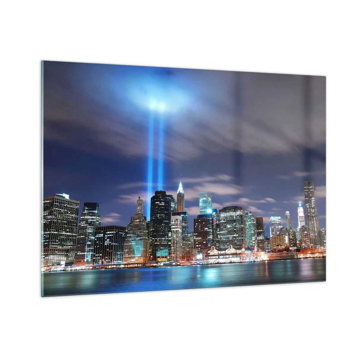 Quadro su vetro - Panorama serale della città con i riflettori - 100x70cm - Toccare il cielo con la luce - Decorazione murale moderna per soggiorno e camera da letto ARTTOR
