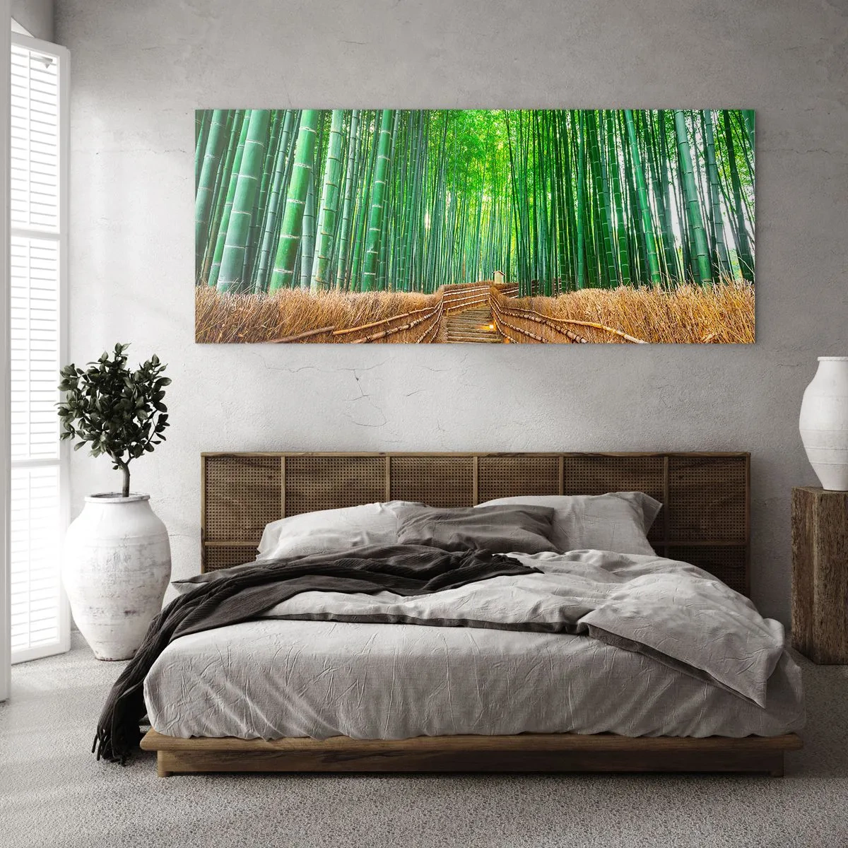 Quadro su vetro - Un sentiero in una fitta foresta di bambù - 140x50cm - Essenza della natura asiatica - Decorazione murale moderna per soggiorno e camera da letto ARTTOR