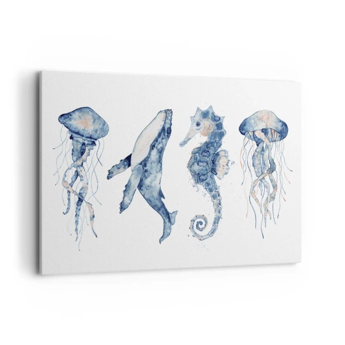 Quadro su tela - Stampe su Tela - Medusa, balena e cavalluccio marino in stile acquerello - 100x70cm - Meraviglie del mare - Decorazione murale moderna per soggiorno e camera da letto ARTTOR