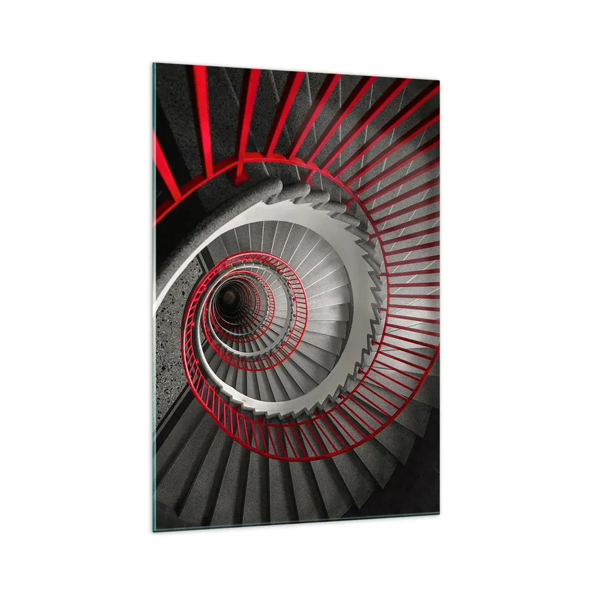 Quadro su vetro - Scala a chiocciola con corrimano rossi in prospettiva dinamica - 70x100cm - I giochi dell'architettura - Decorazione murale moderna per soggiorno e camera da letto ARTTOR