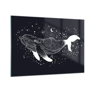 Quadro su vetro - Silhouette bianca grafica di una balena che fluttua nello spazio - 100x70cm - Nell'oceano dell'universo - Decorazione murale moderna per soggiorno e camera da letto ARTTOR