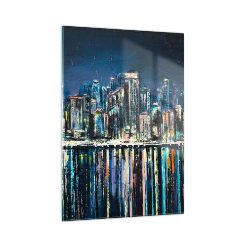 Quadro su vetro - Panorama della città di notte con le luci riflesse nell'acqua - 50x70cm - Cascata di luci - Decorazione murale moderna per soggiorno e camera da letto ARTTOR