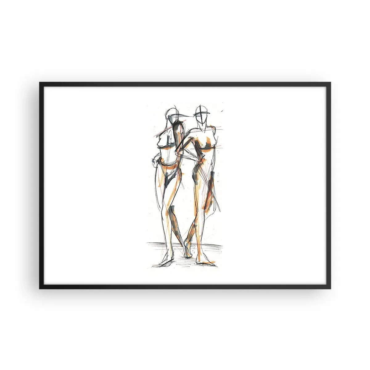 Poster in cornice nera - Schizzo artistico di due sagome su sfondo bianco - 100x70cm - Studio di armonia - Decorazione murale moderna per soggiorno e camera da letto ARTTOR