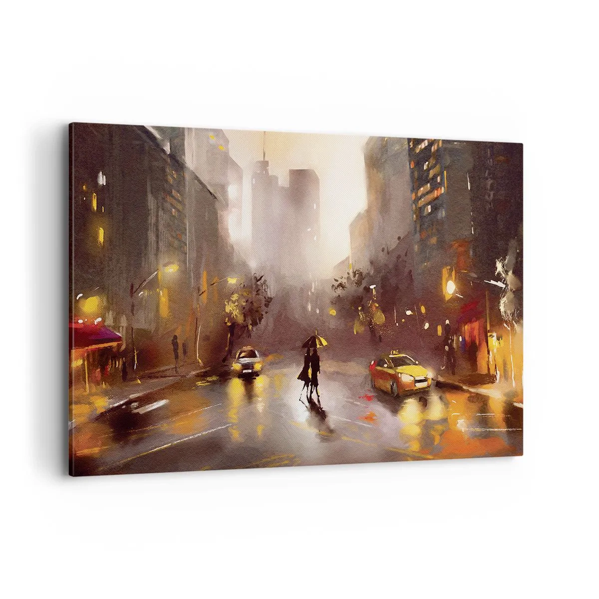 Quadro su tela - Stampe su Tela - Una scena urbana notturna alla luce dei lampioni e dei riflessi su una strada bagnata. - 120x80cm - Nelle luci di New York - Decorazione murale moderna per soggiorno e camera da letto ARTTOR