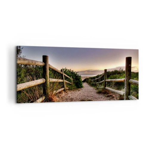 Quadro su tela - Stampe su Tela - Sentiero in legno tra le dune che conduce alla spiaggia al tramonto - 120x50cm - Già si vede la meta - Decorazione murale moderna per soggiorno e camera da letto ARTTOR