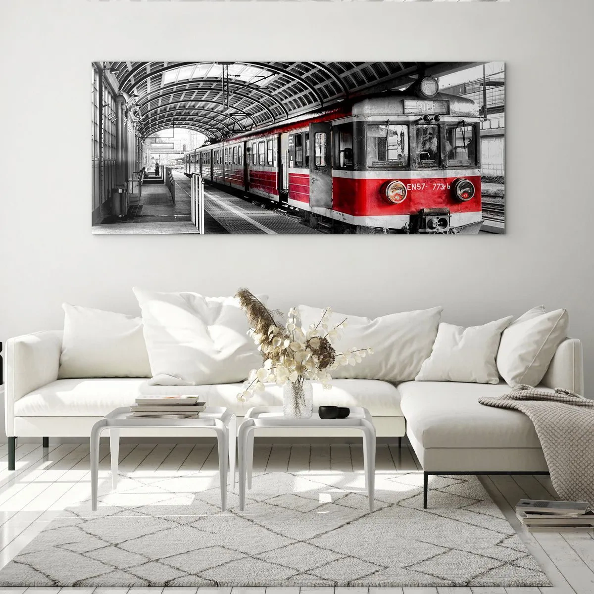 Quadro su vetro - Trenino rosso alla stazione sotto un tetto - 140x50cm - Sarà il viaggio della propria vita? - Decorazione murale moderna per soggiorno e camera da letto ARTTOR