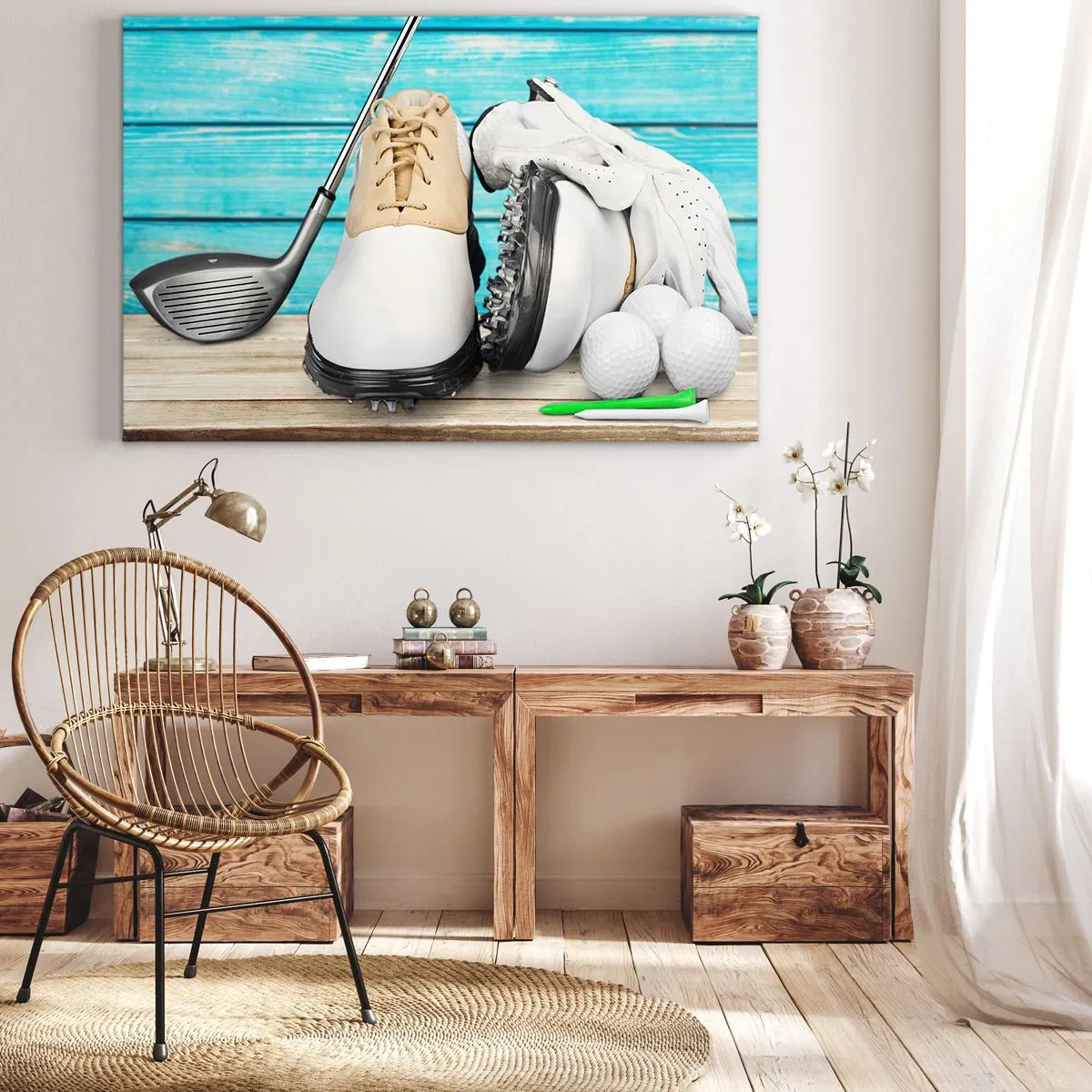 Quadro su tela - Stampe su Tela - Un set di accessori da golf su uno sfondo di legno - 120x80cm - Tutto è pronto - Decorazione murale moderna per soggiorno e camera da letto ARTTOR