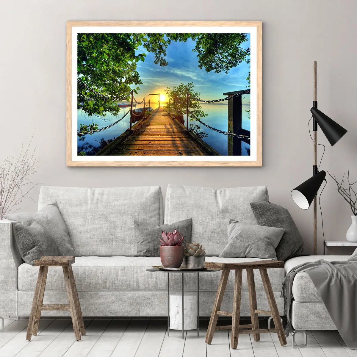 Poster in cornice rovere chiaro - Tramonto sul lago - 100x70 cm