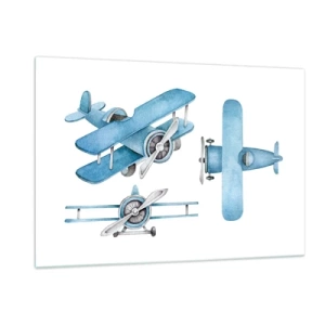 Quadro su vetro - Aeroplani retrò blu su sfondo bianco per bambini - 120x80cm - Nato per vincere - Decorazione murale moderna per soggiorno e camera da letto ARTTOR