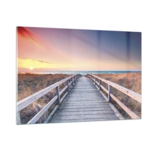 Quadro su vetro - Molo di legno che conduce alla spiaggia al tramonto - 120x80cm - Aurora serale baltica - Decorazione murale moderna per soggiorno e camera da letto ARTTOR
