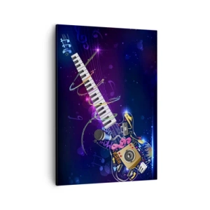 Quadro su tela - Stampe su Tela - Una chitarra colorata con una tastiera e un microfono su uno sfondo scuro. - 50x70cm - Armonia di suoni - Decorazione murale moderna per soggiorno e camera da letto ARTTOR