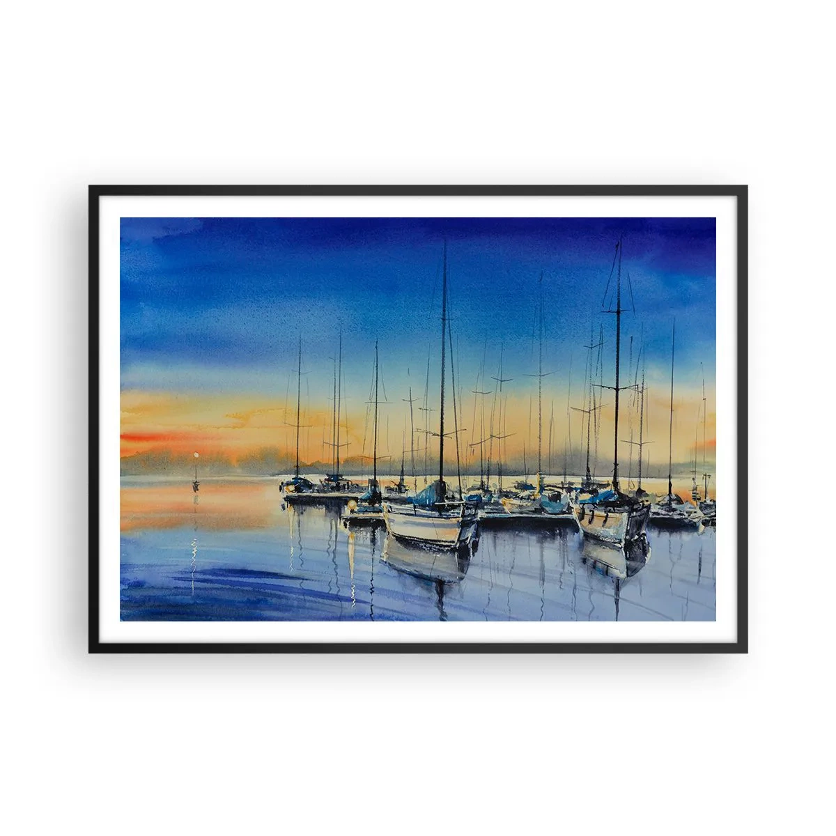 Poster in cornice nera - Porto degli yacht al tramonto con riflessi sull'acqua - 100x70cm - La fine di una buona giornata - Decorazione murale moderna per soggiorno e camera da letto ARTTOR