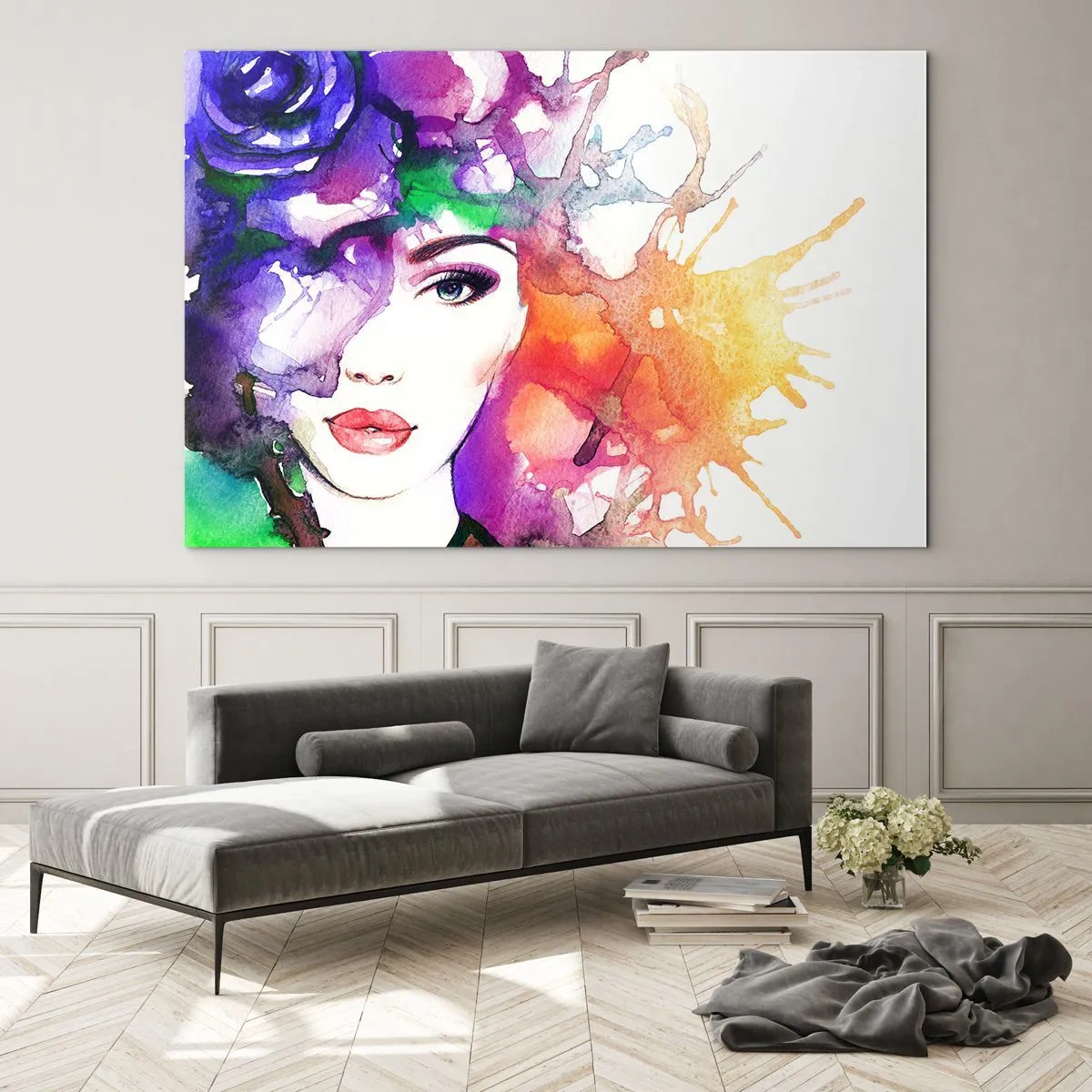 Quadro su vetro - Una donna con uno sfondo sfocato e colorato in stile acquerello - 70x50cm - Con la testa tra le nuvole - Decorazione murale moderna per soggiorno e camera da letto ARTTOR