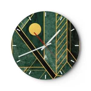 Orologio da parete - Orologio in Vetro - Sfondo verde con linee geometriche dorate e un cerchio dorato - 30x30cm - Dinamica di oro e azzurro - Decorazione murale moderna per soggiorno, cucina e camera da letto ARTTOR