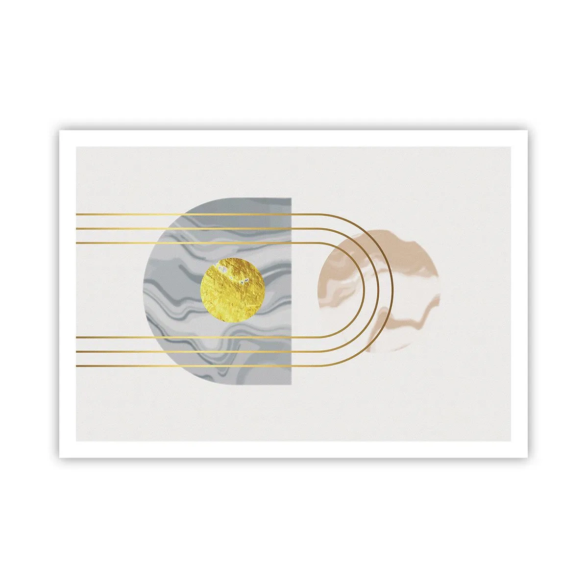 Poster - Composizione astratta con cerchi e linee dorate su uno sfondo chiaro. - 100x70cm - Chiarezza e lucentezza - Decorazione murale moderna per soggiorno e camera da letto ARTTOR