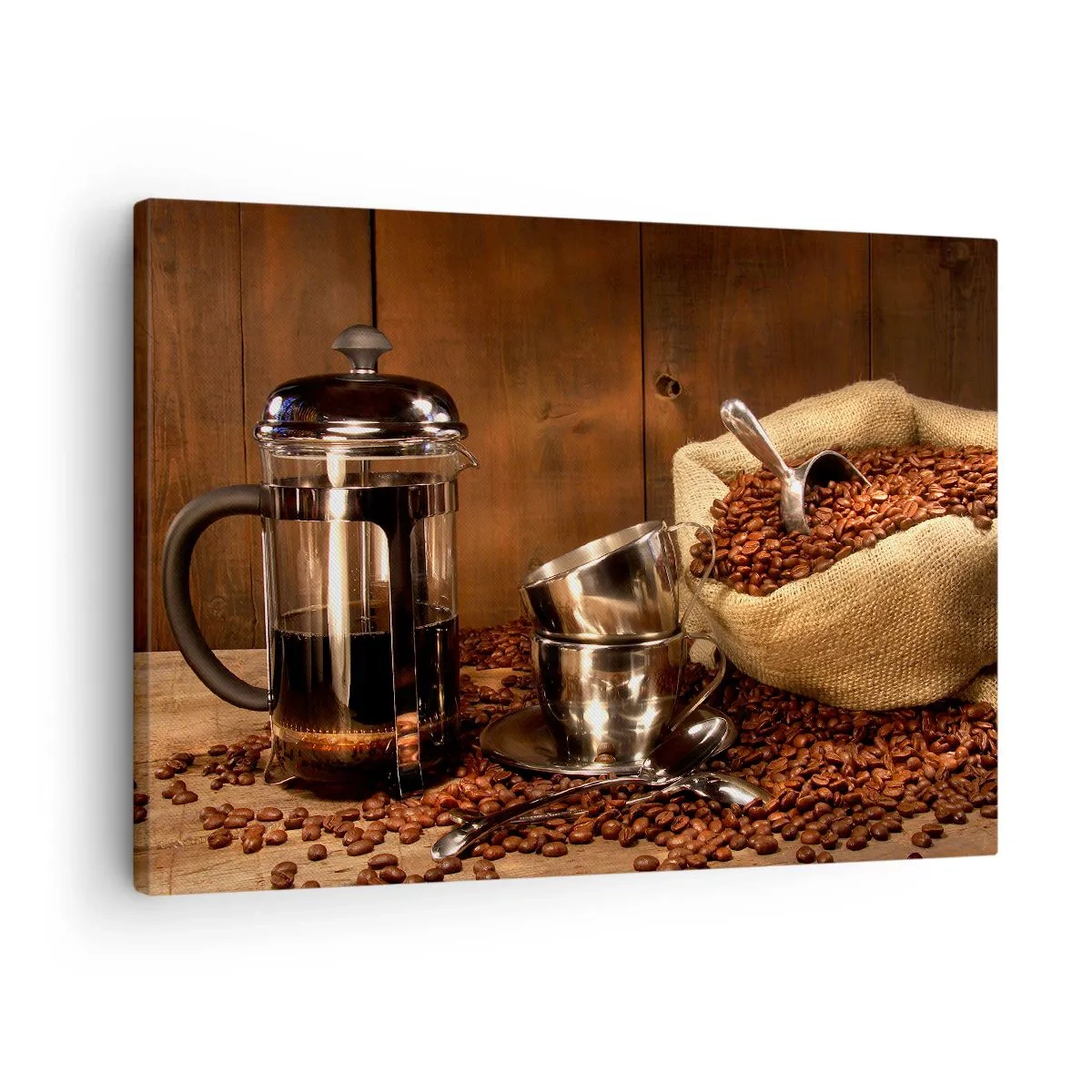 Quadro su tela - Stampe su Tela - French press, tazze e una busta di caffè su uno sfondo di legno - 70x50cm - Magia del caffè: aroma e sapore - Decorazione murale moderna per soggiorno e camera da letto ARTTOR