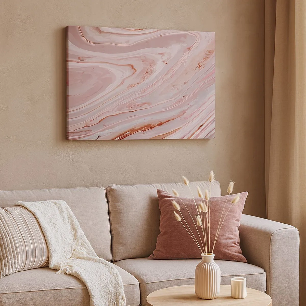 Quadro su tela - Stampe su Tela - Onde astratte in delicate tonalità di rosa e beige - 70x50cm - Rosa liquido - Decorazione murale moderna per soggiorno e camera da letto ARTTOR