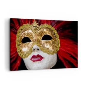 Quadro su tela - Stampe su Tela - Maschera veneziana dorata con piume rosse - 100x70cm - La promessa di un'avventura di carnevale - Decorazione murale moderna per soggiorno e camera da letto ARTTOR