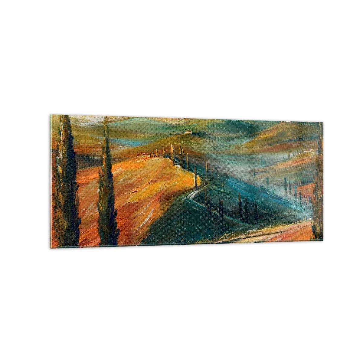 Quadro su vetro - Paesaggio toscano con campi, strada e cipressi - 120x50cm - Paesaggio toscano - Decorazione murale moderna per soggiorno e camera da letto ARTTOR