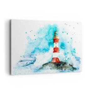 Quadro su tela - Stampe su Tela - Un faro in un ambiente acquerello con uno sfondo blu - 120x80cm - L'unità dei quattro elementi - Decorazione murale moderna per soggiorno e camera da letto ARTTOR