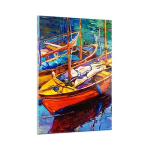 Quadro su vetro - Barche colorate in acque calme - 50x70cm - Su un'acqua più densa dei colori - Decorazione murale moderna per soggiorno e camera da letto ARTTOR