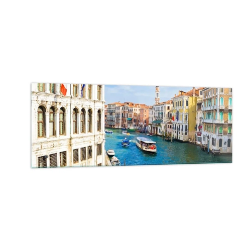Quadro su vetro - Un canale veneziano con una gondola e edifici colorati - 140x50cm - Una circolazione stradale unica al mondo - Decorazione murale moderna per soggiorno e camera da letto ARTTOR